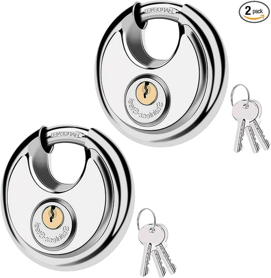 70MM Discus Padlock with Same 3 Brass Keys,304 Stainless Steel Disc Lock with Brass Gallows to Prevent Rusting,Thick Sturdy Hook to Prevent Picking.2 Pack-XZJYYF