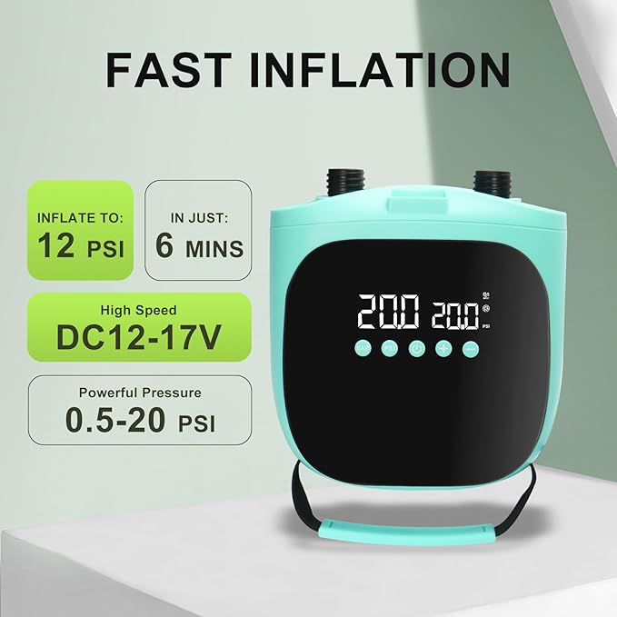 Electric Paddle Board Pump – 20PSI High-Pressure Electric SUP Pump Air Pump with Auto Shutoff, Dual-Stage Inflation for Paddle Boards, Kayaks, Tents, Boats & Inflatables Green