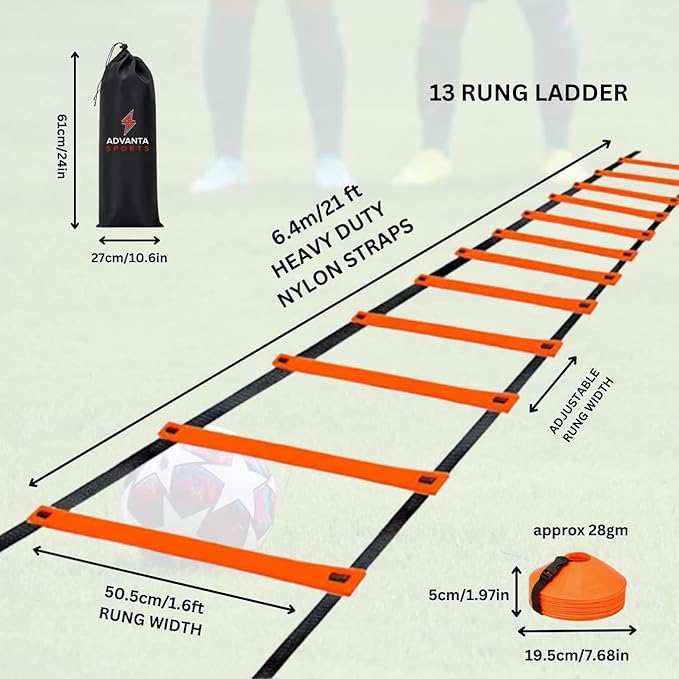 DELUXE EDITION Agility Ladder Training Set - 13 Rung 21ft Agility Ladder w/13 Disc Cones, Carry Bag - Improve Speed & Strength Soccer, Football, Basketball w/4 Steel Pegs for Outdoor Workout Charts