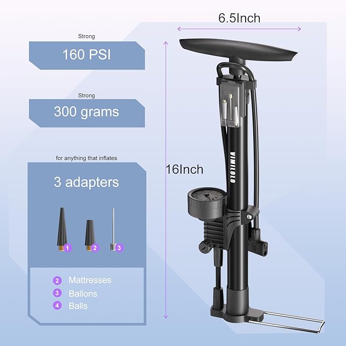 VIMILOLO Bicycle Pump, Bike Floor Pump with Gauge Inflator for Presta and Schrader Valve Portable Tire Pumps for Ball Bike Pumps