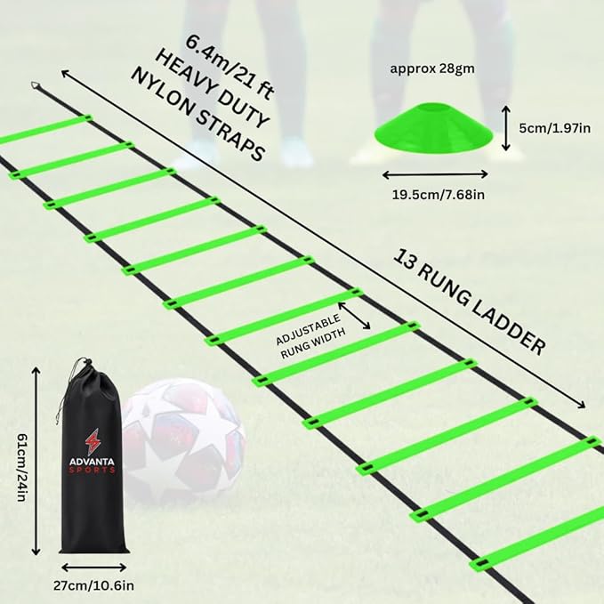 DELUXE EDITION Agility Ladder Training Set - 13 Rung 21ft Agility Ladder w/13 Disc Cones, Carry Bag - Improve Speed & Strength Soccer, Football, Basketball w/4 Steel Pegs for Outdoor Workout Charts