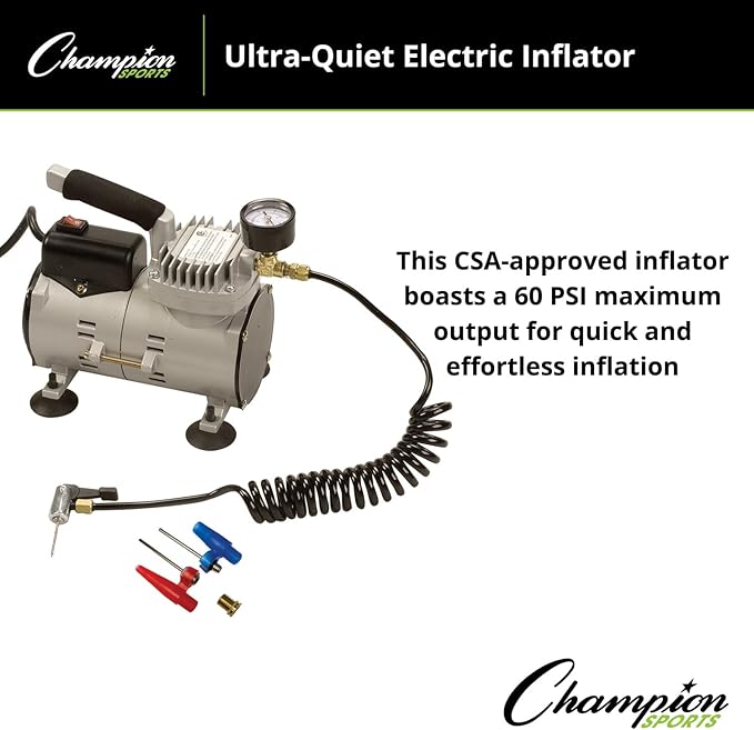 Champion Sports Electric Ball Inflator with Needle - Quiet Air Compressor for Basketball, Soccer, Volleyball & Sports Balls, High PSI Rating, Fast Inflation, 110-120V AC Power for Gym & School Use