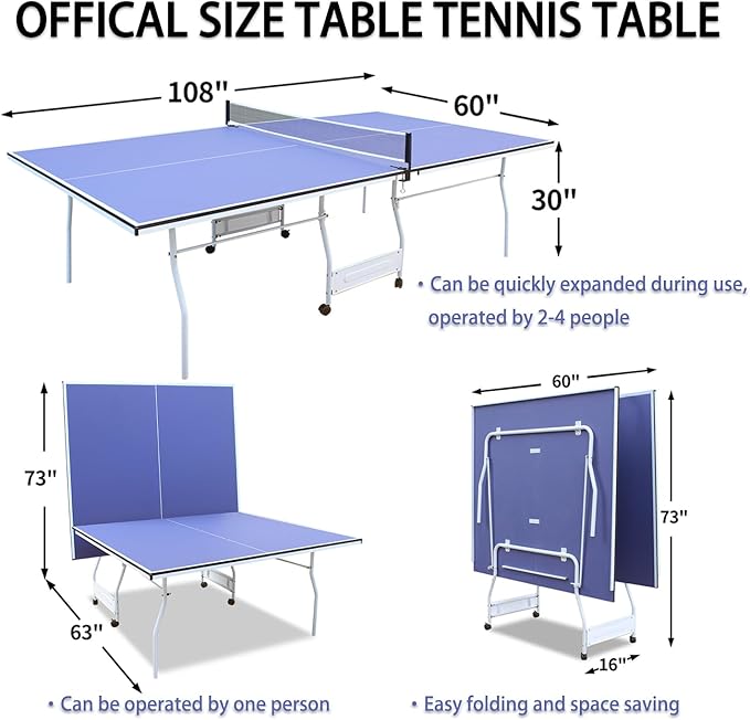 Foldable Ping Pong Table Portable 4.5FT/6 FT/9FT Table Tennis Table Foldable for Indoor Outdoor Games - Quick Assembly