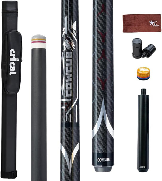 CRICAL Carbon Fiber Pool Cue COWCUE Series Low Deflection Billiards Cue Stick 58" Professional Pool Table Sticks for Adults -12.5mm Tip, Weight 19OZ (Adjustable), 3/8 * 8 Joint