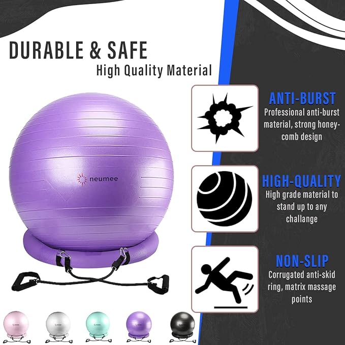 Exercise Ball Chair with Resistance Bands, Yoga Ball Office Chair with Stability Base for Home Gym, Workout Ball for Fitness, Large Size 65 cm