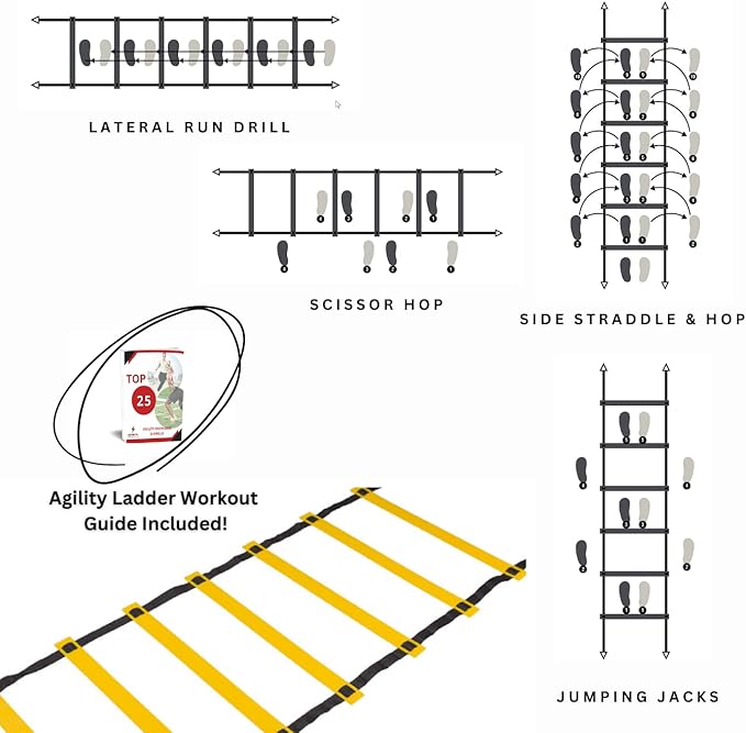 DELUXE EDITION Agility Ladder Training Set - 13 Rung 21ft Agility Ladder w/13 Disc Cones, Carry Bag - Improve Speed & Strength Soccer, Football, Basketball w/4 Steel Pegs for Outdoor Workout Charts