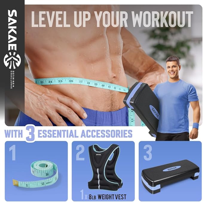 Adjustable Height Aerobic Stepper Set, Multiple Bundle Options with Dumbbells, Kettlebell, Waist Trimmer, Ankle Weights or Weighted Vest, Workout Exercise Step Platform w/Level Risers, 4 Colors