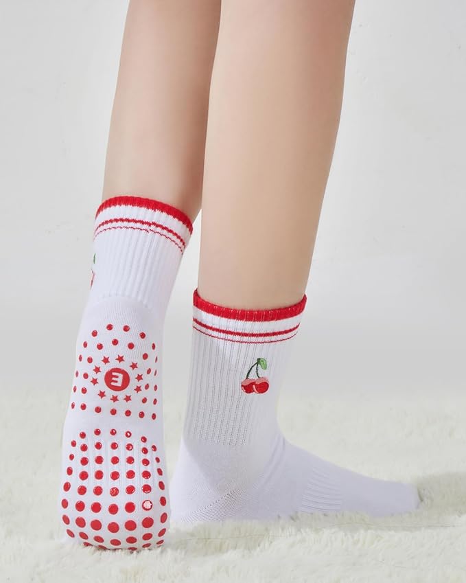 EUDOLAH Cute Yoga Socks for Women Pilates Barre Breathable Non-Slip Crew Grip Sock With Stripes Anti-friction Athletic Socks
