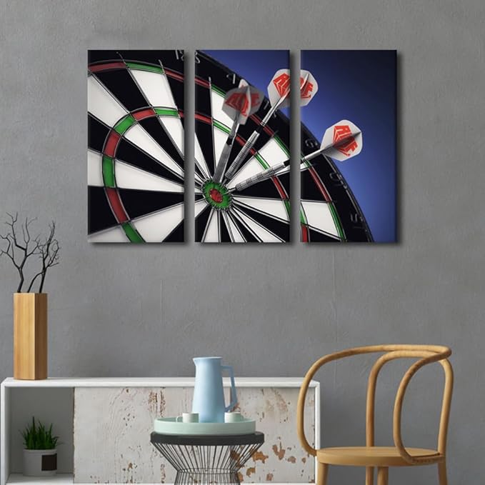 3 Panels Sports Theme Wall Art Dart Hits the Bullseye Wall Art Inspirational Wall Art Modern Artwork Dart Plate Canvas Prints Pictures on Canvas Wall Art for Home Decor Ready to Hang(24"Wx36"H)