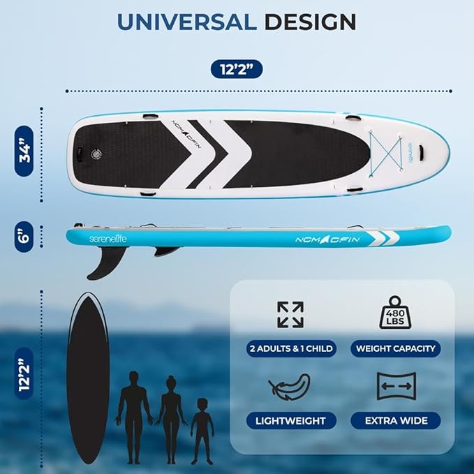 SereneLife 12’2” Inflatable Paddle Board - XL Family Stand Up Paddleboard with Seat for 2 Adults 1 Child - 34” Wide Stable Design with Non-Slip EVA Deck Pad, Premium SUP Accessories, 450 lbs Capacity
