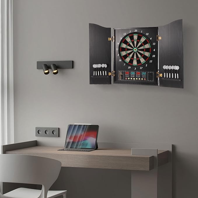 Pro Electronic Dartboard Cabinet Set with LED Digital Scoreboard Electronic Dart Board Over 27 Games and 243 Variations for Adults Built-in MDF Cabinet for 12 Soft Tip Darts 88 Tips 16-Player Scoring