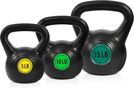 Wide Grip 3-Piece or 4-Piece Kettlebell Exercise Fitness Weight Set, Include 5 lbs, 10 lbs, 15 lbs and 20 lbs, Set of 3 or Set of 4