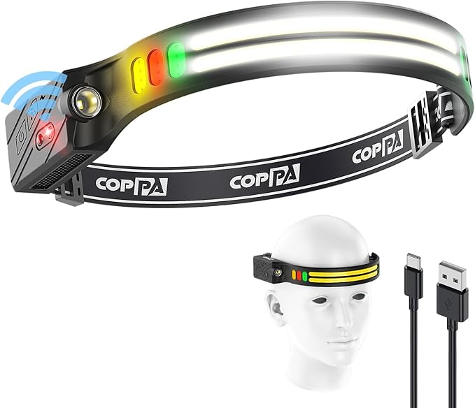 COPPA Headlamp, H4C Headlamp Rechargeable 1Pack with White & Yellow & Red & Green Floodlight & Spotlight Mini Portable with Motion Sensor Super for Camping Running Fishing Climbing Hiking Maintenance