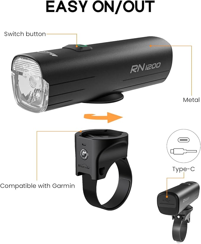 Magicshine Bike Light RN 1200, CREE LED, IPX7, 4000mAh Battery Type-C Reverse Charging, Powerful Bike Headlight Compatible with: Mountain, Kids, Street