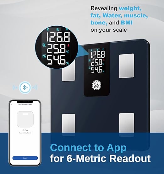 GE Smart Scale for Body Weight BMI Fat Muscle Mass with All-in-one LCD Display, Digital Bathroom Weight Scales Bluetooth Body Composition Analyzer with App, Accurate Weighing, 400 lbs / 180 kg