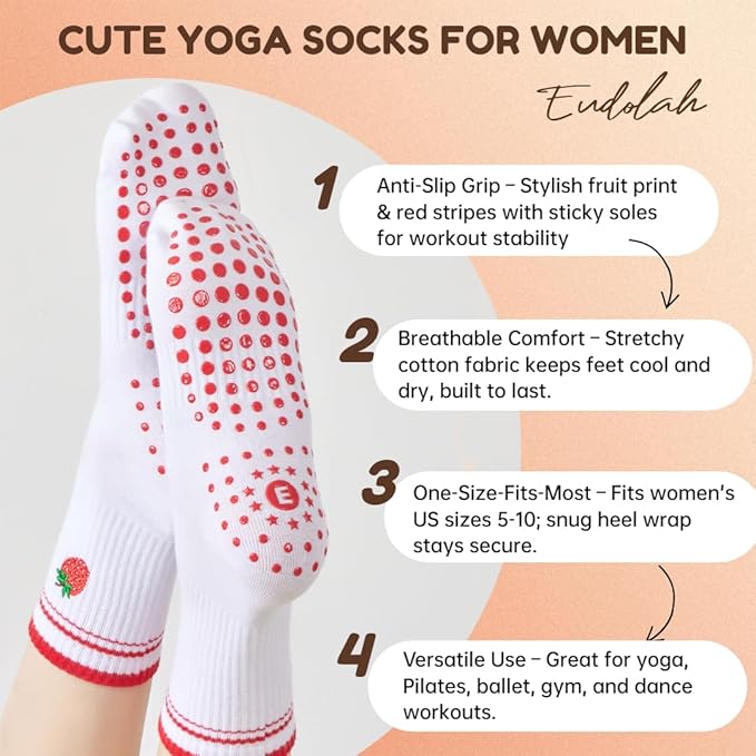 EUDOLAH Cute Yoga Socks for Women Pilates Barre Breathable Non-Slip Crew Grip Sock With Stripes Anti-friction Athletic Socks