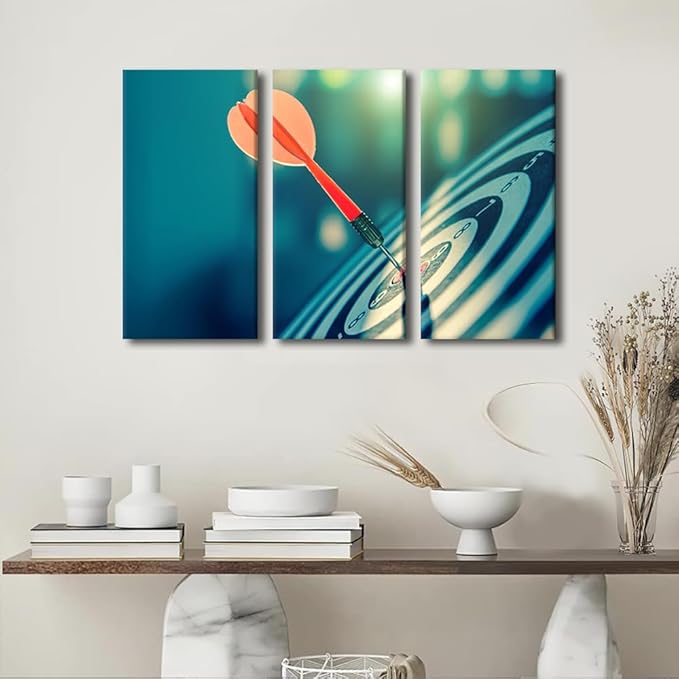 Canvas Art Dart Board Wall Art for Bedroom Successful Concept Canvas Painting Positive Wall Art for Living Room Vintage Contemporary Decor for Bar Club Coffee 3 Panels Framed Ready to Hang, 24"Wx36"H