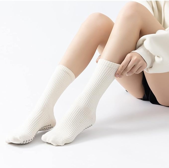 Yoga Pilates Socks with Grips for Women Non Slip Solid Colored Cushioned Crew Compression Socks for Barre Ballet Dance