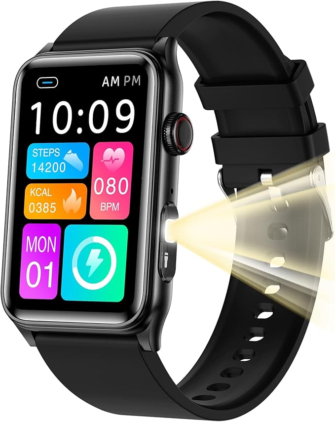 KPEP Health Fitness Watch with LED Flashlight, 24/7 Stress/Blood Pressure/SpO2/Heart Rate/Sleep Monitor, 100+ Sport Modes Calorie Counter Pedometer IP68 Waterproof Fitness Tracker for Men Women, Black