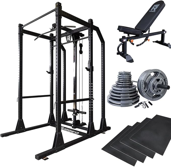 Rugged Strength & Fitness MAX Extended Power Rack Package with LAT, Bench, 500 lb. OLY Set, Floor Mats