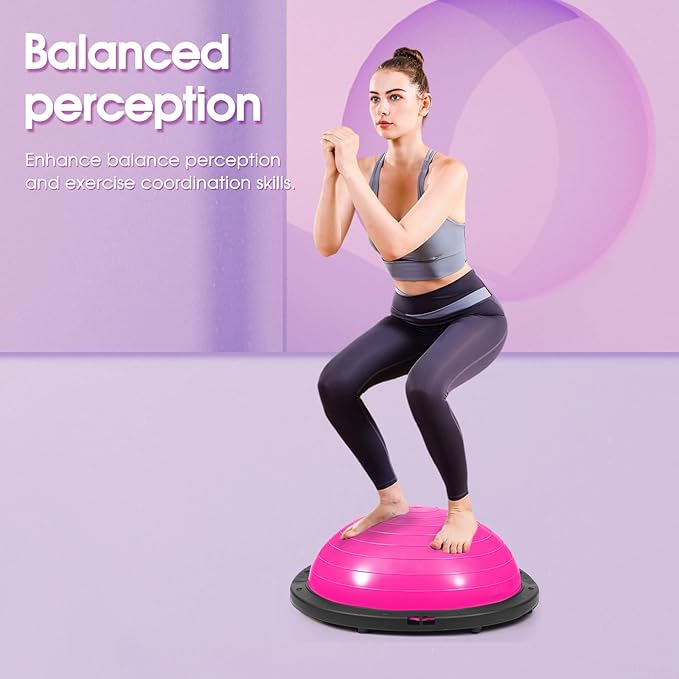 Half Balance Ball Trainer with Resistance Bands, Pink, Exercise Ball for Yoga and Stability Training