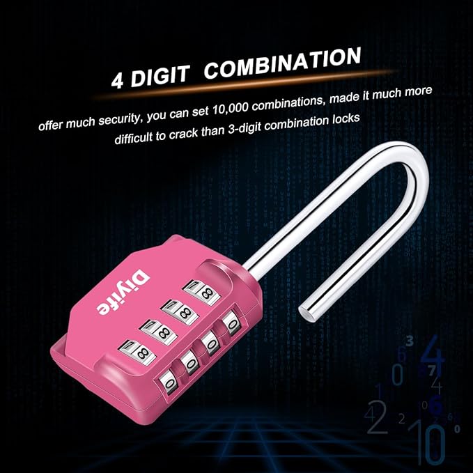 2.6 Inch Long Shackle Combination Lock, Diyife 4-Digit Outdoor Waterproof Padlock, Plated Steel Combination Clasp with High Security, Schools, Gyms & Lockers, Pink