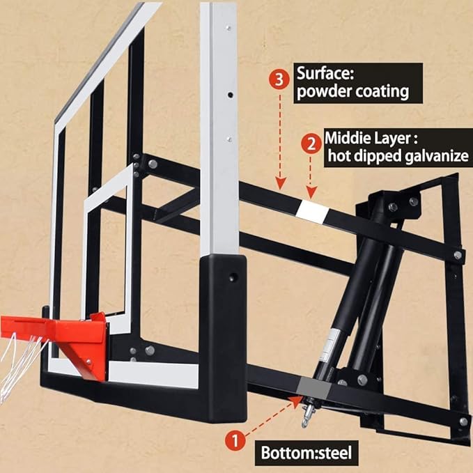 Katop Wall Mount Basketball Hoop with 60"x36", 72"x42" Tempered Glass Backboard, Effortlessly Height Adjustable from 7.5' to 10', Pre Installed Pads and Heavy Duty Basketball Rim and Net