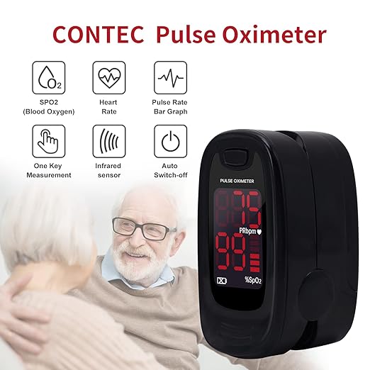 CONTEC CMS50M Pulse Oximeter Fingertip Blood Oxygen Saturation Monitor SpO2 and PR Bar Graph Blood Oxygen, Neck/Wrist Cord LED Display, Black