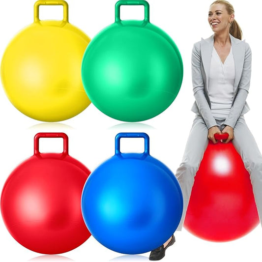Lewtemi 4 Pcs 29 Inch Hopper Ball Carnival Outdoor Games Jumping Hopping Inflatable Bouncing Ball with Handle and Air Pump for Kids Adult Sport Exercise