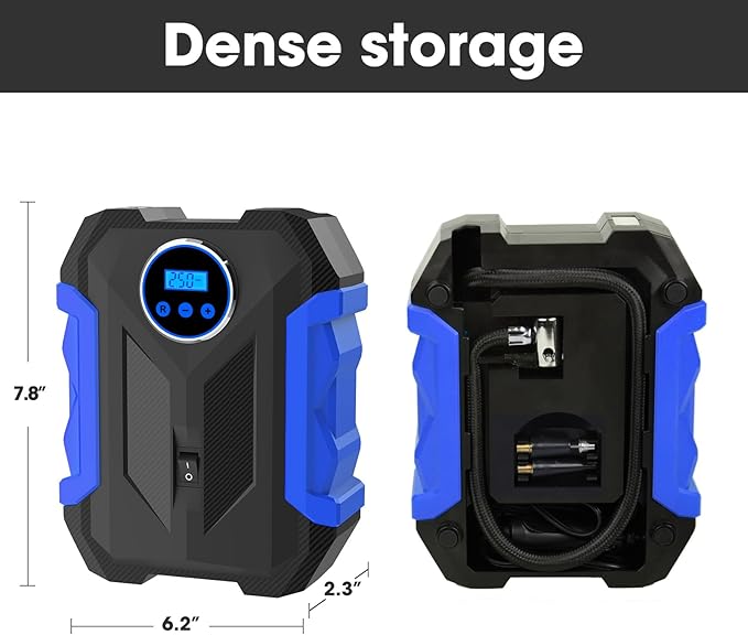 Digital Air Compressor for Car Auto Pump Portable Tire Inflator with LED Light DC 12V, Blue