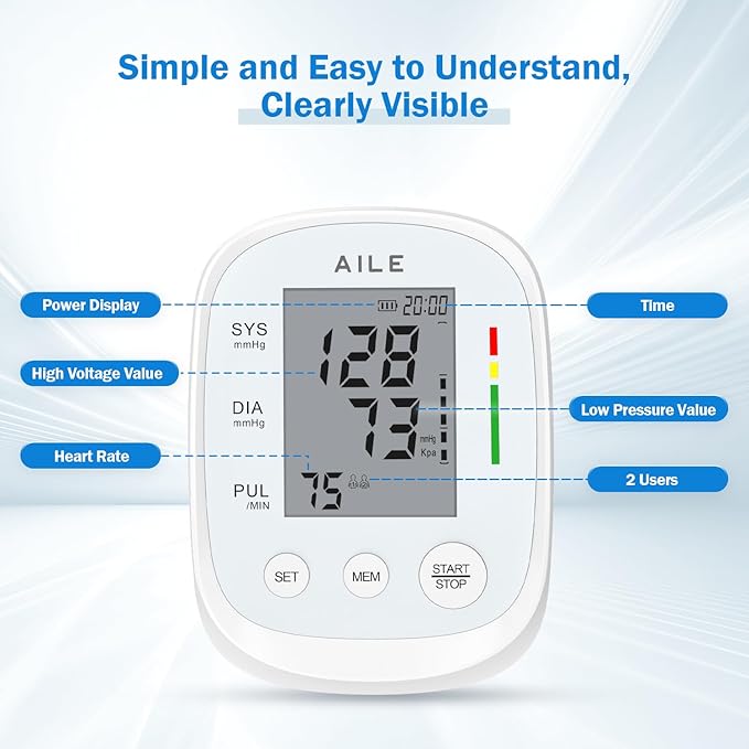 AILE Blood Pressure Monitor, Blood Pressure Machine Upper Arm Large Cuff(8.7"-16.5"), High Automatic Blood Pressure Monitors Cuff for Home Use, (BP) Manual Arm Blood Pressure Monitors, 2 * 99 Memory