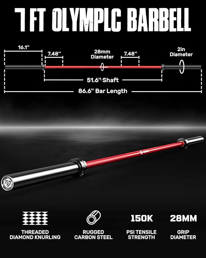 PB01 7FT Olympic Barbell, Weight Bar with Knurled Grip, 1000lb Capacity Strength Training Deadlift Bar for Squat, Weightlifting, Bench Press, Fits 2-inch Standard Weight Plates