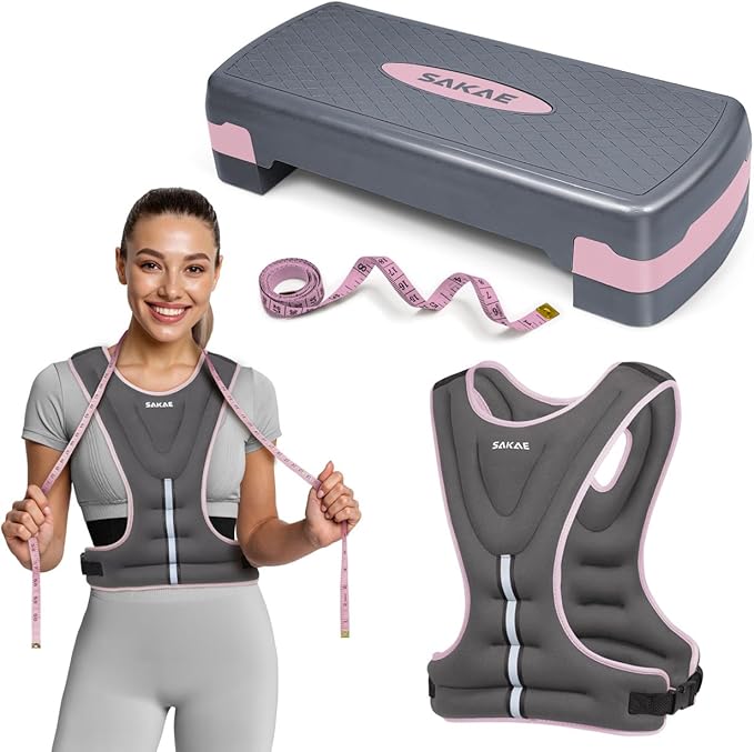 Adjustable Height Aerobic Stepper Set, Multiple Bundle Options with Dumbbells, Kettlebell, Waist Trimmer, Ankle Weights or Weighted Vest, Workout Exercise Step Platform w/Level Risers, 4 Colors