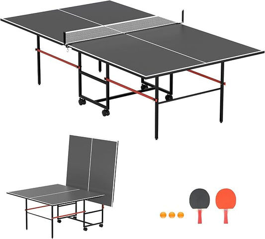 8X4FT Ping Pong Table for Indoor/Outdoor, Foldable Mid-Size Table Tennis Table with Net, 2 Table Tennis Paddles and 3 Balls - Easy Assembly - Tournament Quality - Perfect for Family Game Rooms