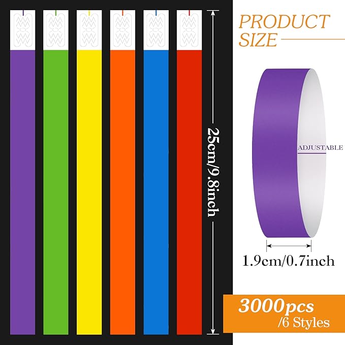 TaoBary 3000 Counts Wristbands for Events Paper Wrist Bands Waterproof Paper Bracelets Neon Colored Hand Bands Adhesive VIP Armbands for Party Concerts