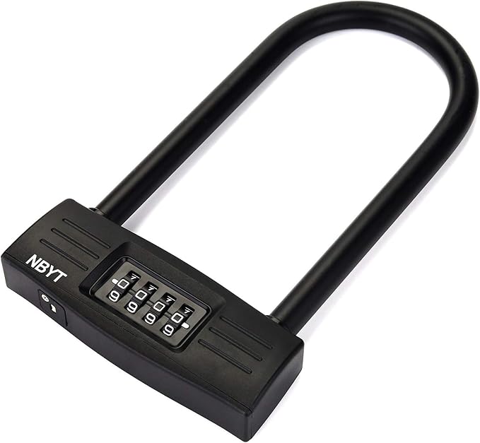 U Bike Lock - Heavy Duty Combination Lock for Motorcycle Wheel, Office Door, Fence & Gate - Resettable, Long Combination U-Lock in Black - Steel/Zinc/PVC Construction - 8.8 x 4.7 x 1.1 Inches