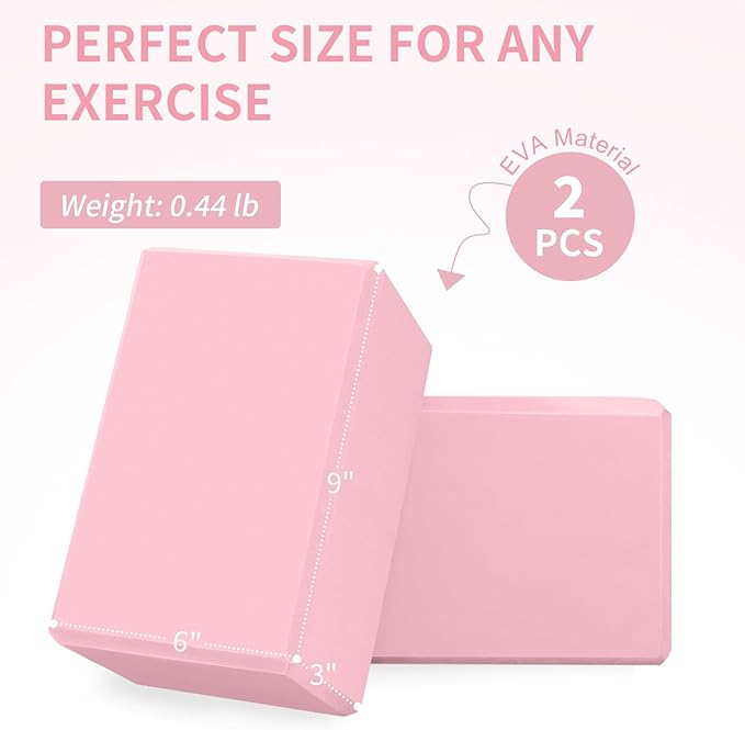Yoga Block 2 Pack 9"x6"x3", Sturdy Yoga Foam Blocks, High Density & Non Slip Surface for Pilates & Stretching, Fitness Accessories for Stability & Balance