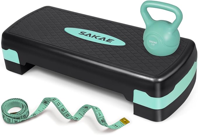 Adjustable Height Aerobic Stepper Set, Multiple Bundle Options with Dumbbells, Kettlebell, Waist Trimmer, Ankle Weights or Weighted Vest, Workout Exercise Step Platform w/Level Risers, 4 Colors