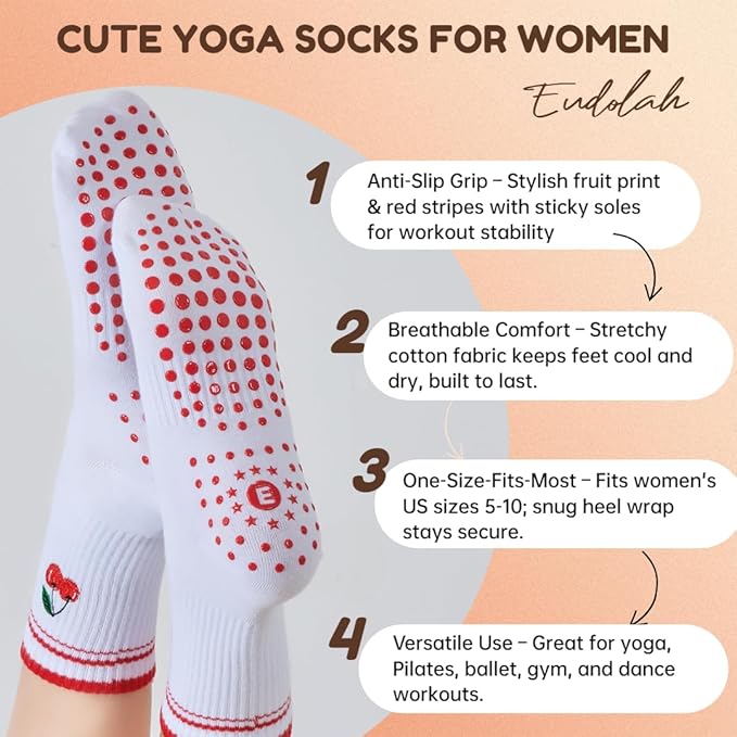 EUDOLAH Cute Yoga Socks for Women Pilates Barre Breathable Non-Slip Crew Grip Sock With Stripes Anti-friction Athletic Socks