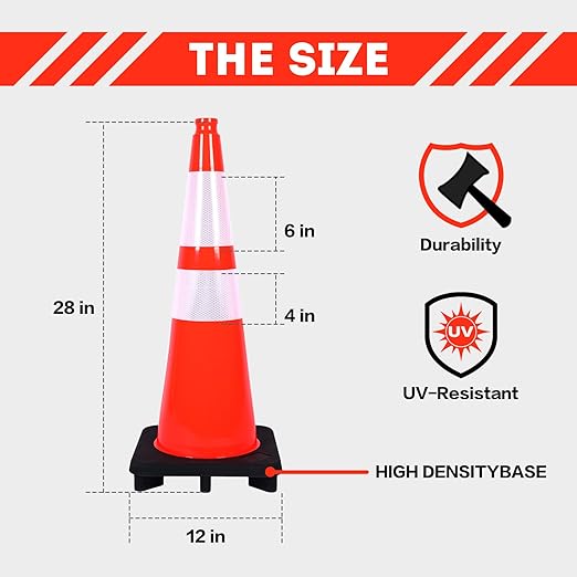 Traffic Cones 28 inch 6 Pack Heavy Duty Safety Cones Orange with Reflective Collars Fit Parking Lot,Driveway Road Traffic Control Construction Cones