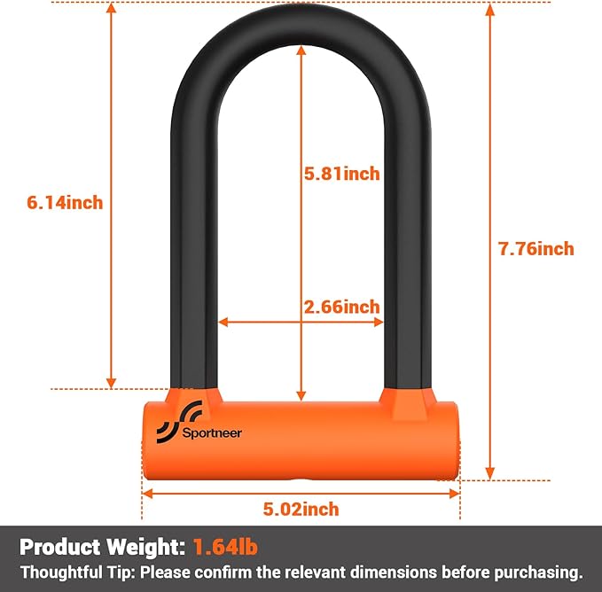 Sportneer Bike U Lock - Heavy Duty Anti Theft Bike Lock with 5ft Security Steel Cable - 17mm Shackle Bicycle U-Locks with Keys & Sturdy Mounting Bracket for Road, Mountain, Electric Bike - Orange