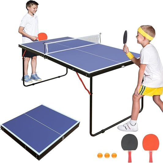 Ping Pong Table Foldable Table Tennis Table with Net, Table Tennis Paddles and Balls, 4.5FT/6FT/9FT MDF Multi-Use Family Game Table for Kid Teenager Adult, Compact & Portable