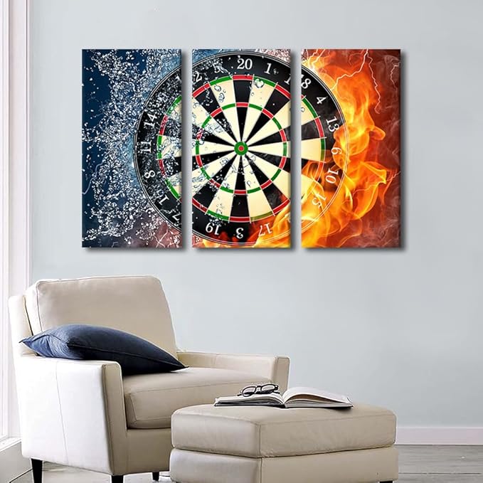 3 Panels Office Wall Art Dartboard with Darts Closeup Large Vintage Canvas Wall Art Contemporary Modern Artwork Pictures Wall Art for Living Room Bedroom Decorations Framed Ready to Hang - 24" Wx36 H