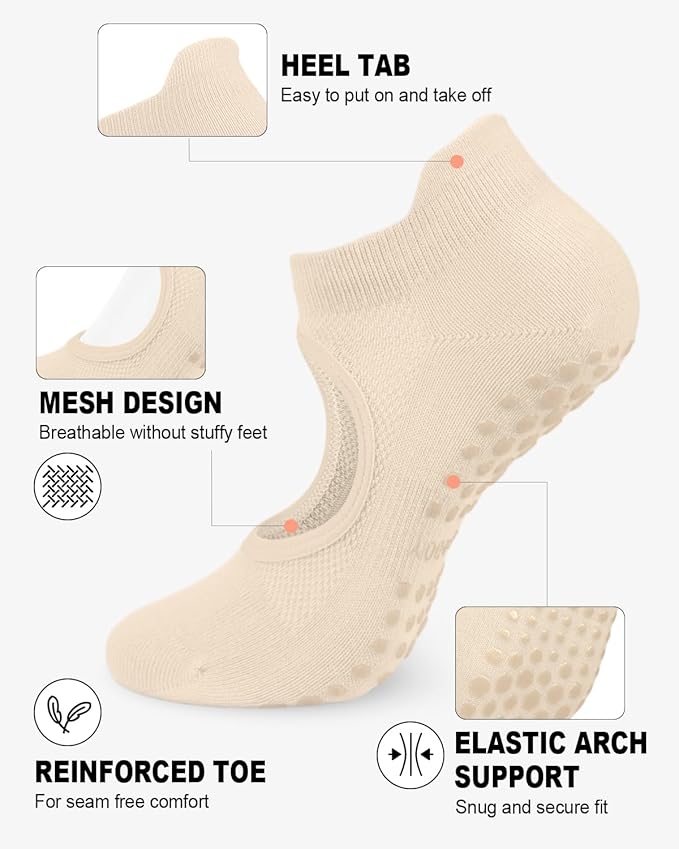 6 Pairs Grip Pilates Socks for Women, Non-slip Yoga Athletic Socks for Barre Ballet Barefoot Workout Hospital