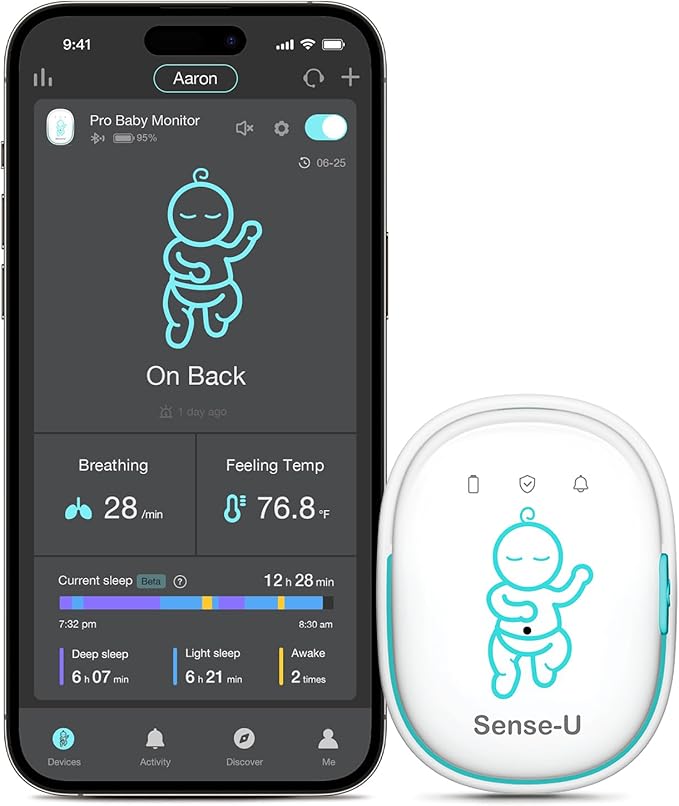 Sense-U Pro Baby Movement Monitor with Arousal Vibration, Movement/Rollover/Overheating Alerts, Audible & App Notifications, Easy Clip-On Design, Smart Sleep Monitor