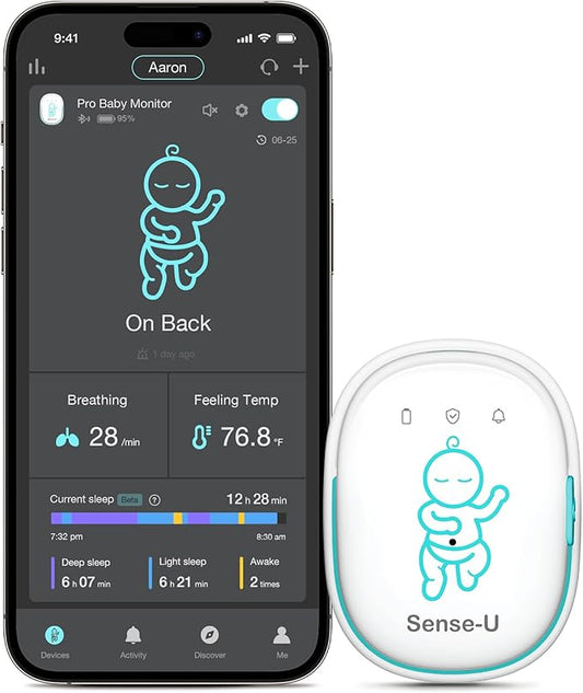 Sense-U Pro Baby Movement Monitor with Arousal Vibration, Movement/Rollover/Overheating Alerts, Audible & App Notifications, Easy Clip-On Design, Smart Sleep Monitor
