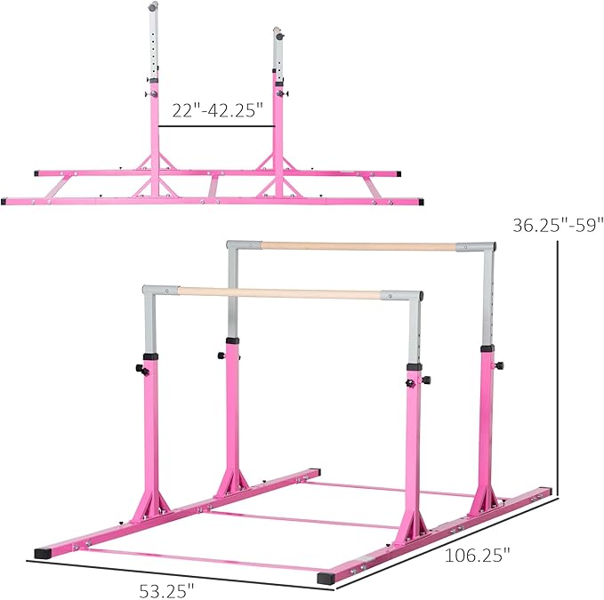 Qaba Double Horizontal Bars, Junior Uneven Bars Gymnastics for Home with 13-Level 36"-59" Adjustable Heights, 6-Level Adjustable Width - Pink