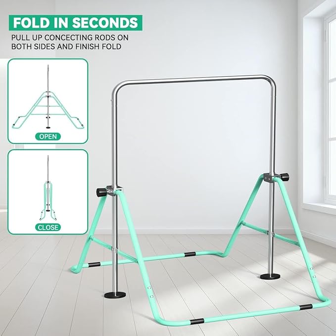 FBSPORT Gymnastics Bar for Kids, Adjustable Height Gymnastic Horizontal Bars,Junior Training Bar Children Folding Training Monkey Bars for Home Using