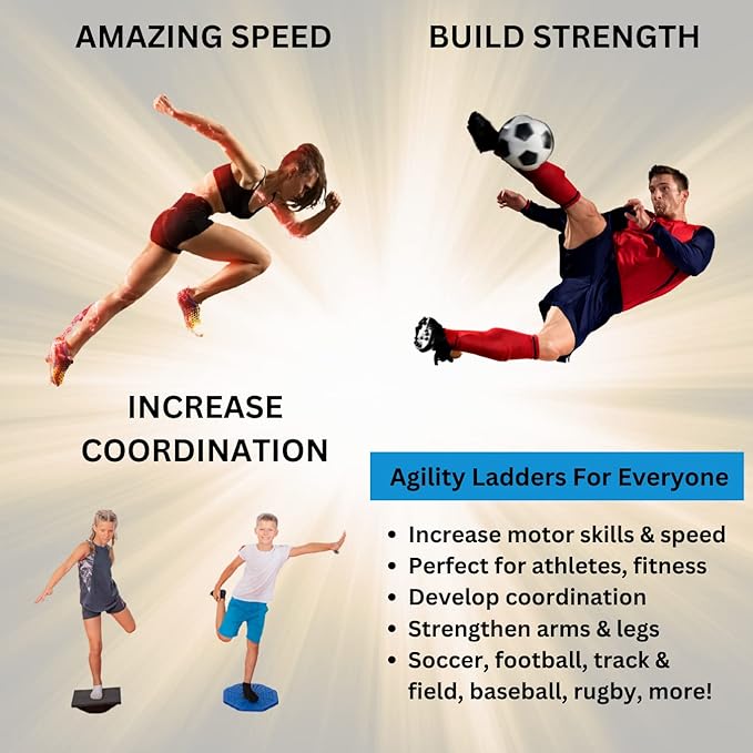 DELUXE EDITION Agility Ladder Training Set - 13 Rung 21ft Agility Ladder w/13 Disc Cones, Carry Bag - Improve Speed & Strength Soccer, Football, Basketball w/4 Steel Pegs for Outdoor Workout Charts