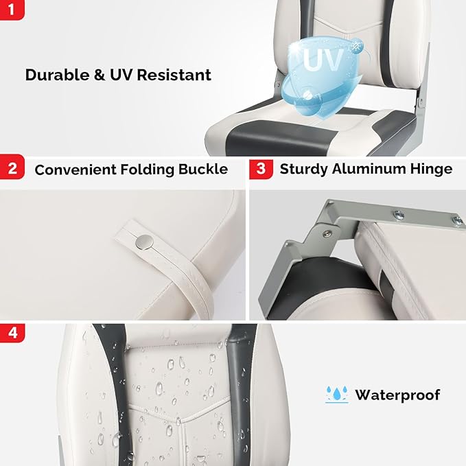 PEXMOR Boat Seats Low/High Back, Folding Boat Seat Included, Fold-Down Fishing Boat Seats Waterproof Captain Boat Seat w/Aluminum Hinges & Thick Soft Cushion, 2 Packs (High Back-Grey & White)